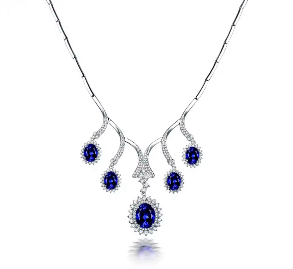 18K gold tanzanite diamond necklace with 12.95 carat natural tanzanite and cascading luxury design