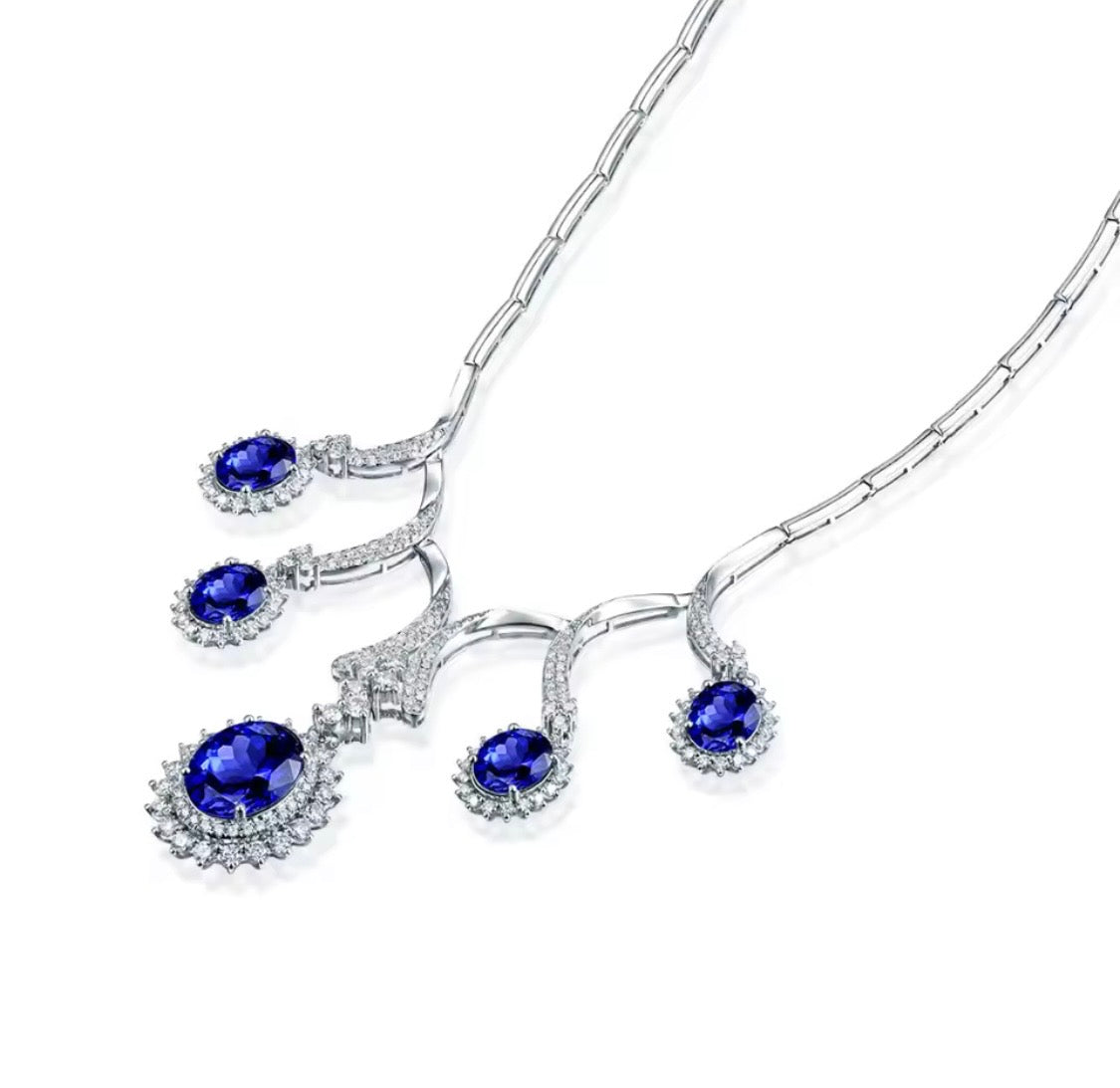 18K gold tanzanite diamond necklace with 12.95 carat natural tanzanite and cascading luxury design