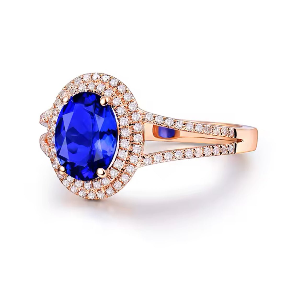 14K rose gold tanzanite diamond ring with 1.70 carat oval natural tanzanite and diamond halo