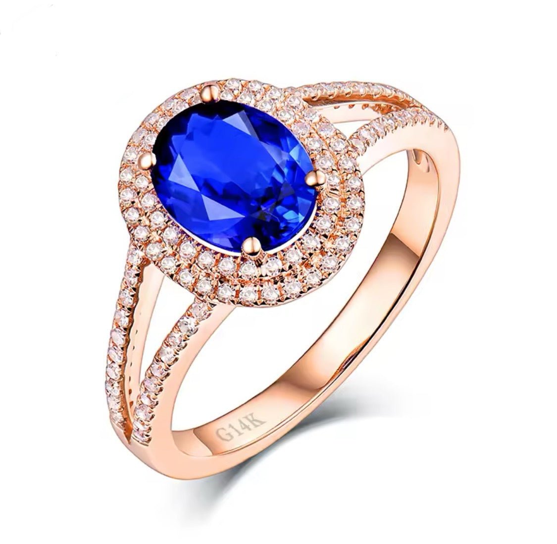 14K rose gold tanzanite diamond ring with 1.70 carat oval natural tanzanite and diamond halo