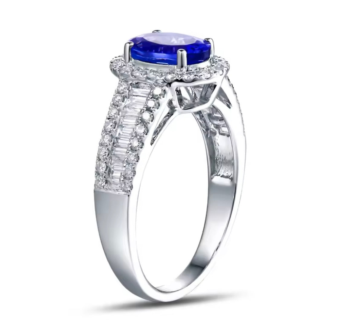 18K gold tanzanite engagement ring with 1.18 carat oval natural tanzanite and diamond halo available in white rose and yellow gold