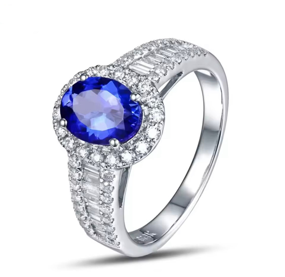 18K gold tanzanite engagement ring with 1.18 carat oval natural tanzanite and diamond halo available in white rose and yellow gold