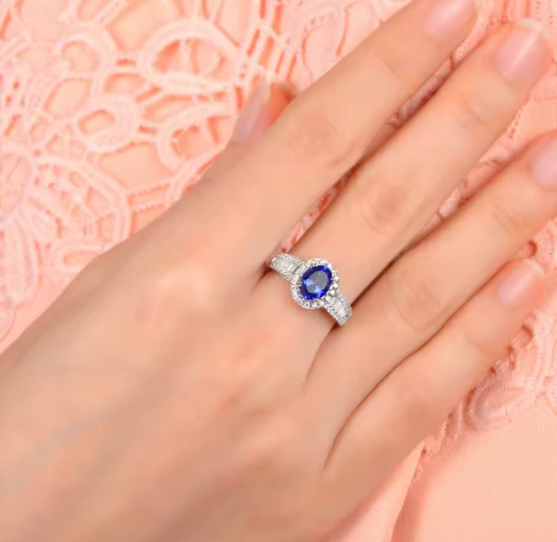 18K gold tanzanite engagement ring with 1.18 carat oval natural tanzanite and diamond halo available in white rose and yellow gold