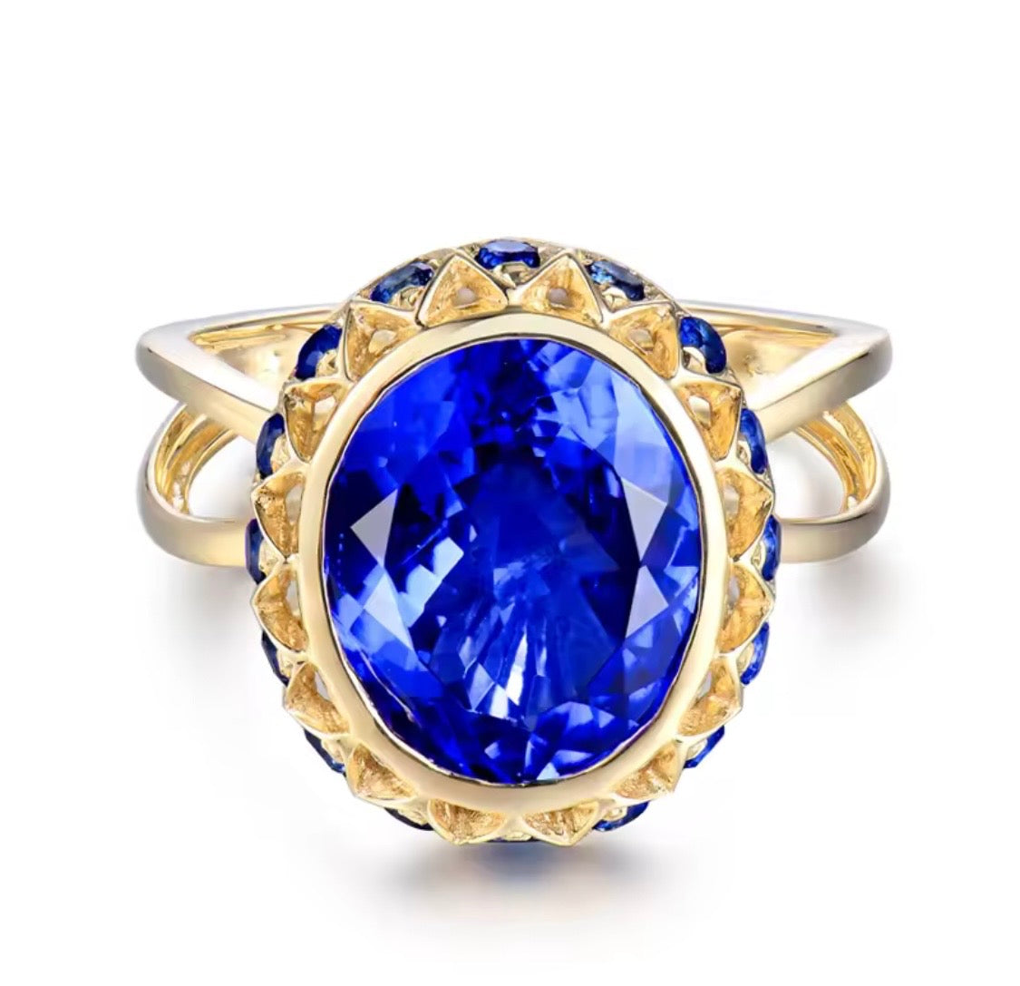 18K yellow gold tanzanite diamond halo ring oval cut royal floral design