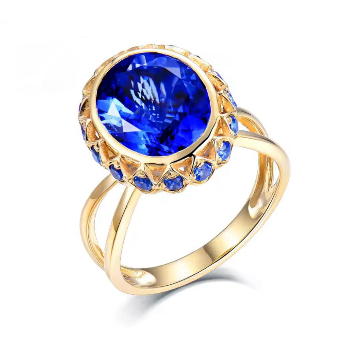 18K yellow gold tanzanite diamond halo ring oval cut royal floral design