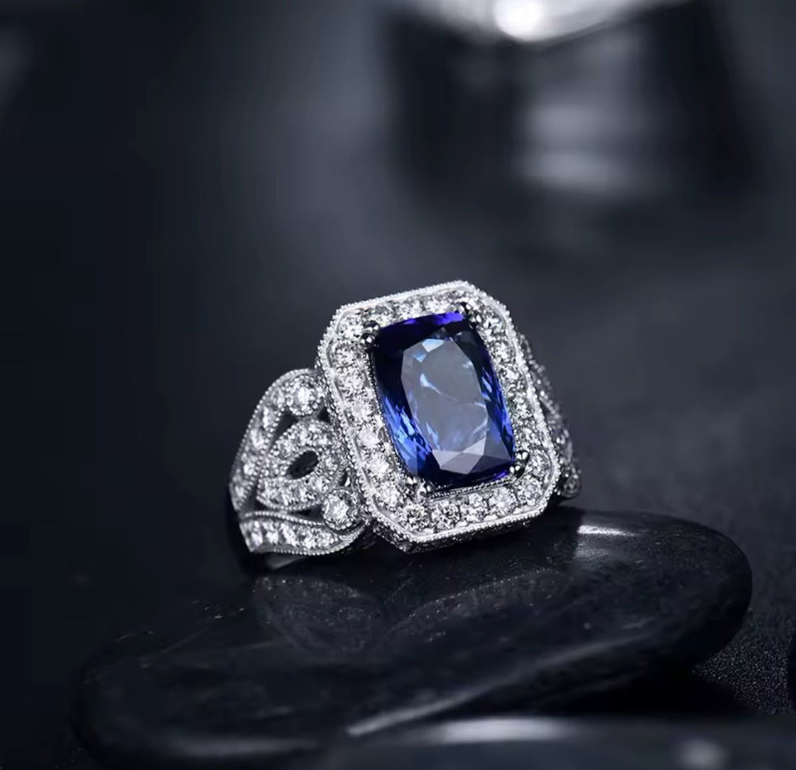 14K white gold tanzanite ring, 3.55 carats cushion cut, very good clarity, natural diamonds 1.80 ct, violet blue gemstone