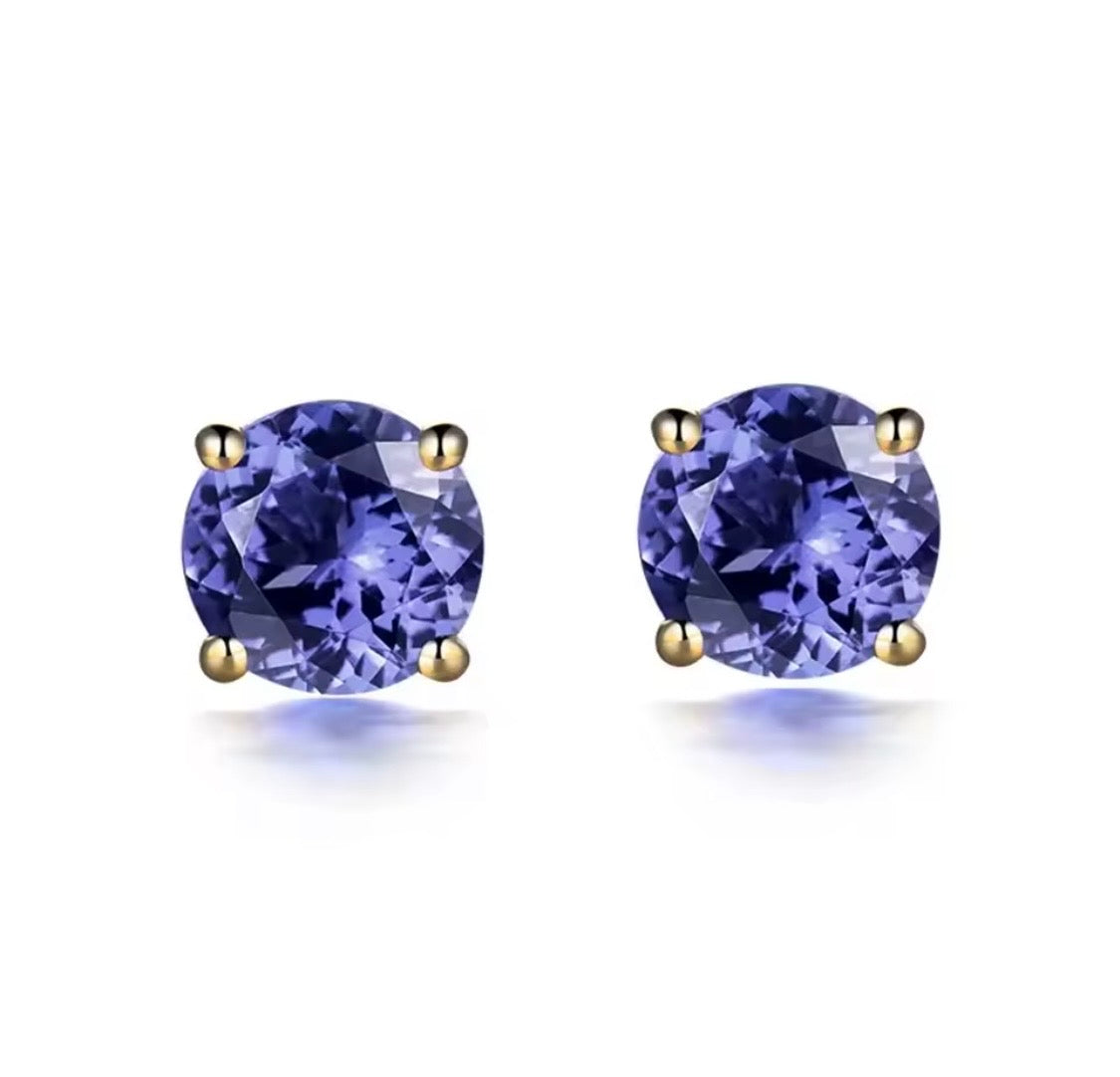14K yellow gold tanzanite stud earrings with round 5mm natural gemstones