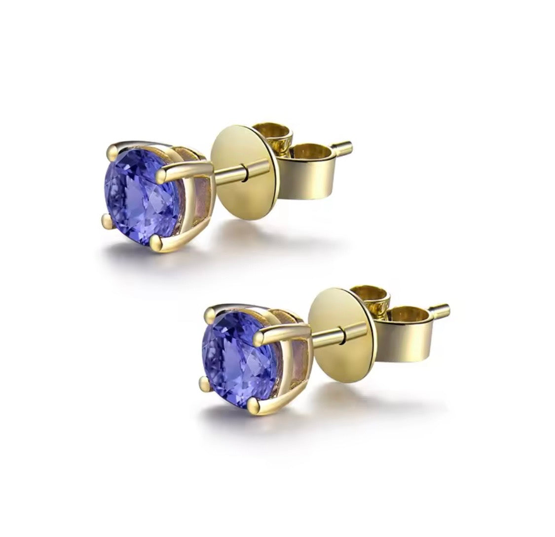 14K yellow gold tanzanite stud earrings with round 5mm natural gemstones