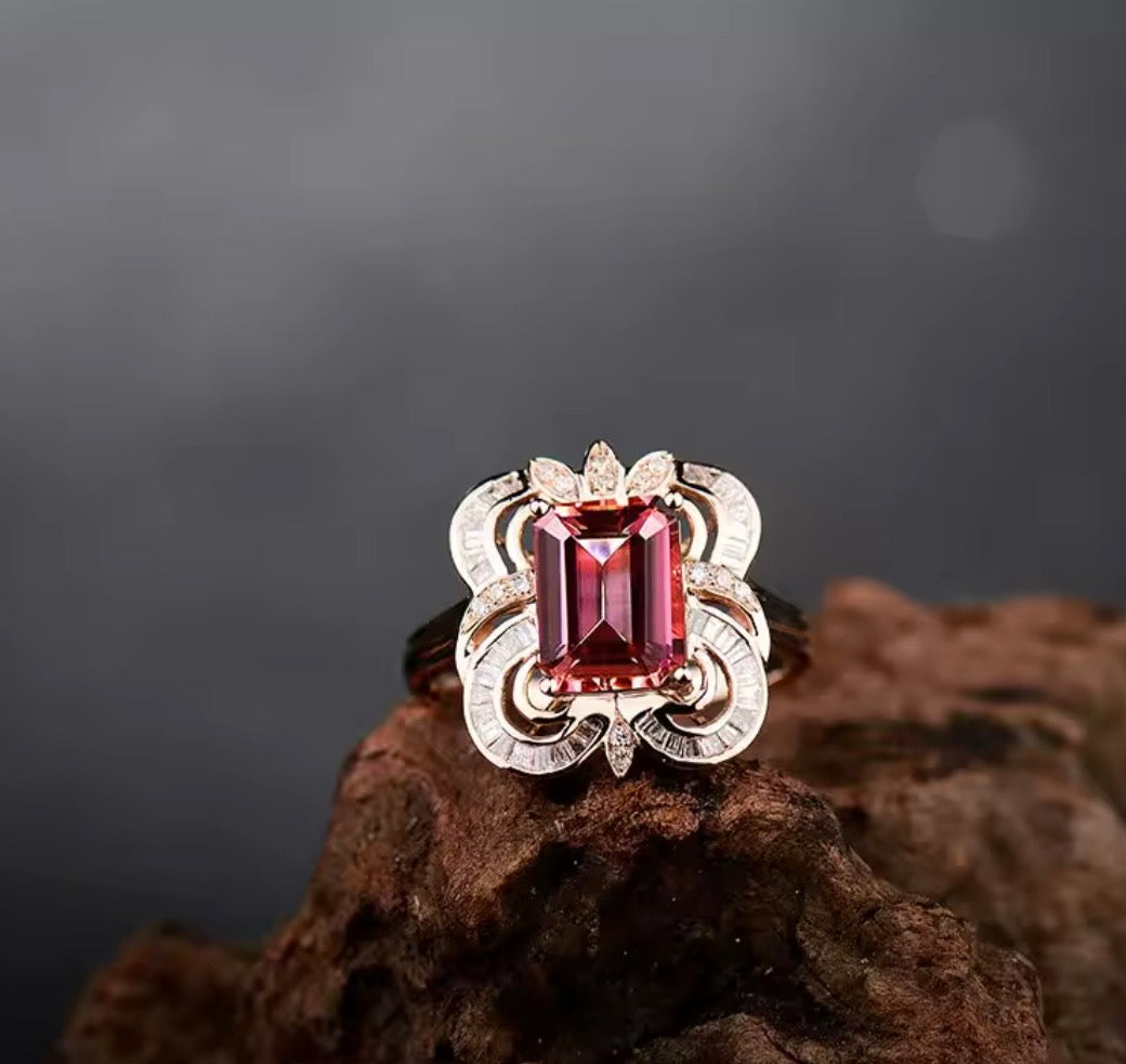 18K rose gold tourmaline diamond ring with 6 carat emerald cut tourmaline and baguette diamond accents