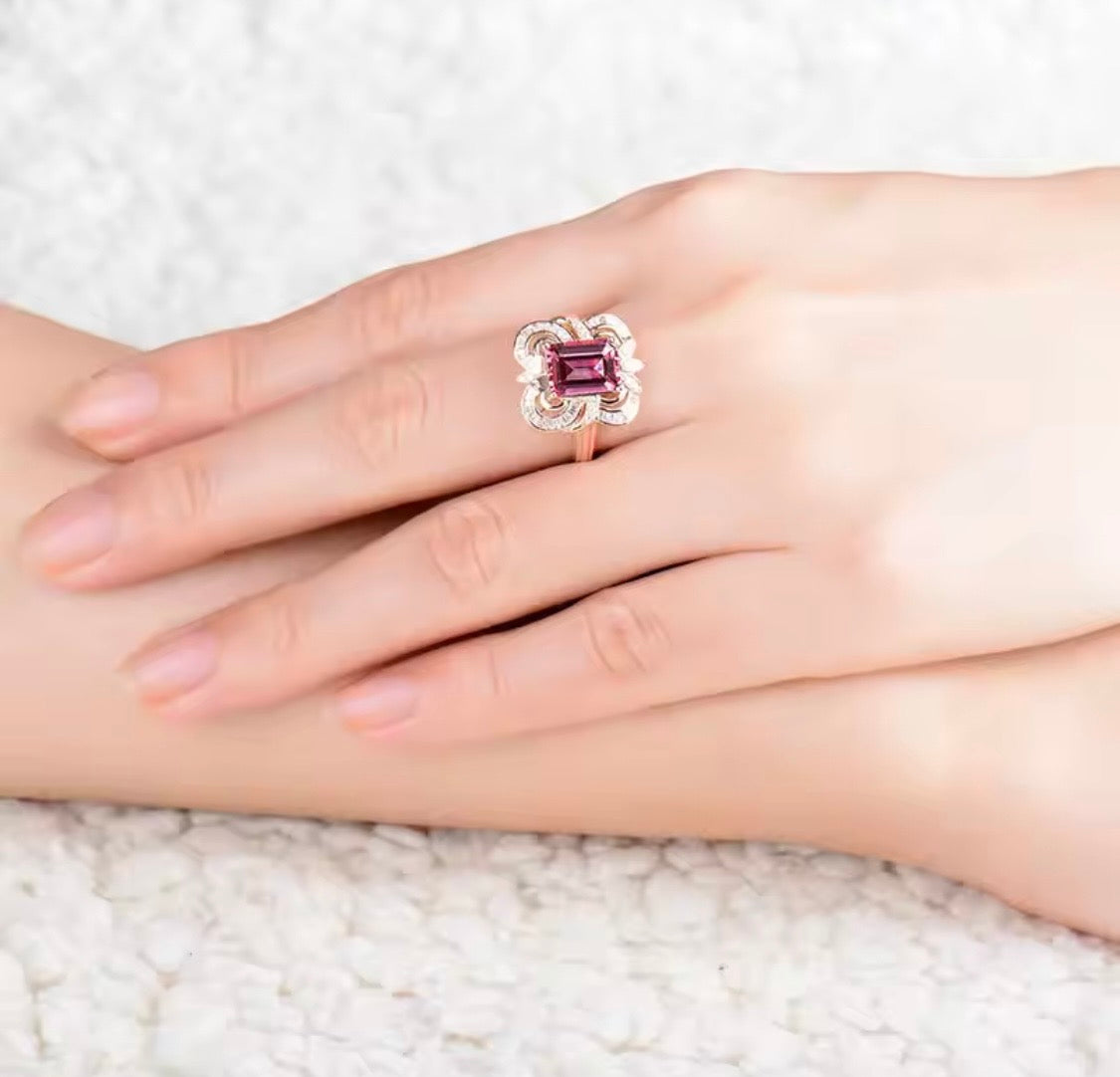 18K rose gold tourmaline diamond ring with 6 carat emerald cut tourmaline and baguette diamond accents