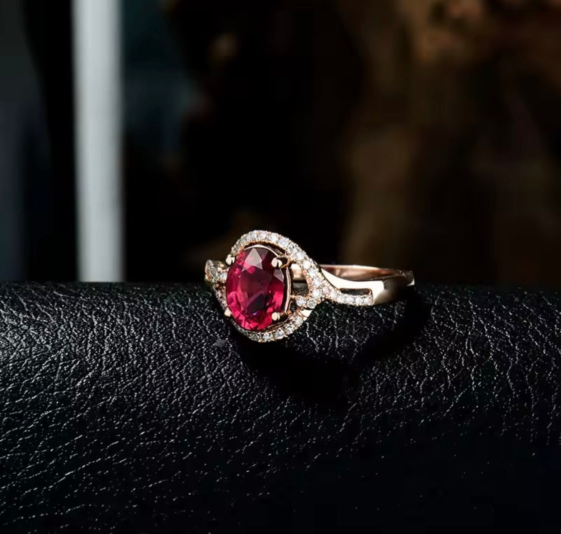 18K rose gold tourmaline diamond ring with oval 6x8 mm natural tourmaline and round diamond accents