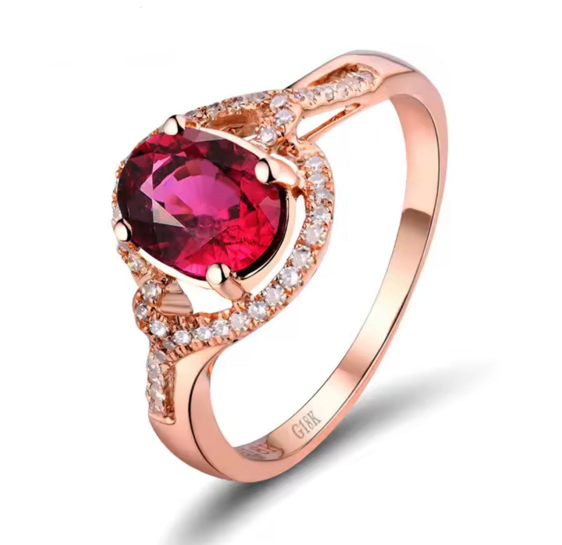 18K rose gold tourmaline diamond ring with oval 6x8 mm natural tourmaline and round diamond accents