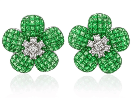 Tsavorite 19.80ct & Diamond 1.05ct Flower Earrings - 18K White Gold