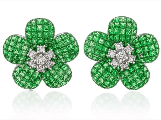 Tsavorite 19.80ct & Diamond 1.05ct Flower Earrings - 18K White Gold