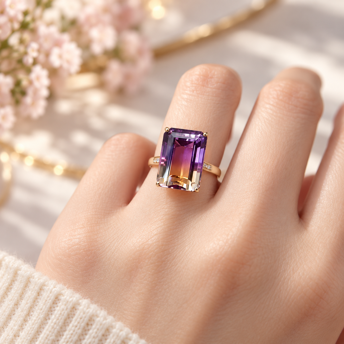 18k Růžově zlatý prsten s přírodním 9,2 ct ametrinem – Smaragdový Brus