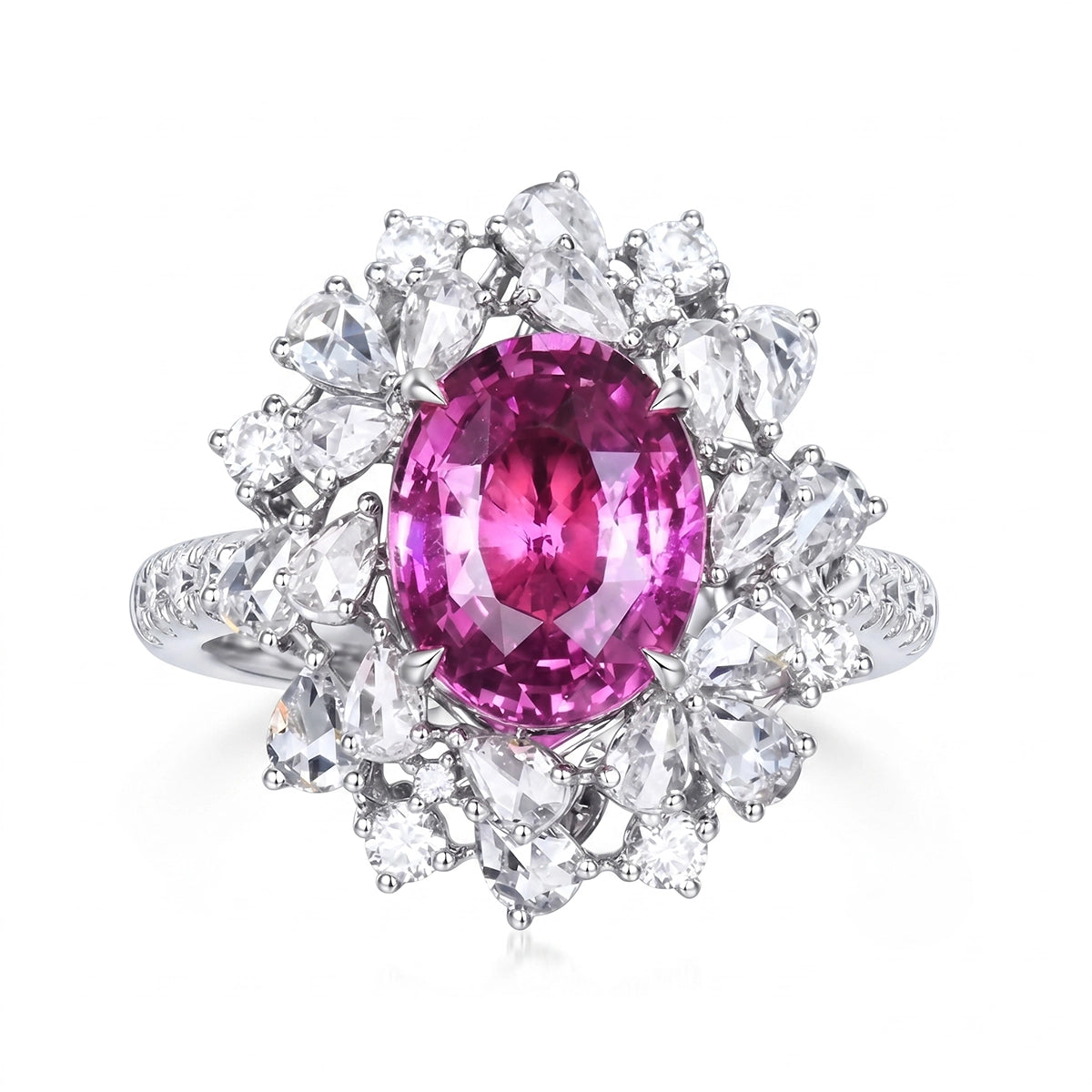 Unheated Pink Sapphire Ring 3.05 ct – 18K White Gold with Diamonds