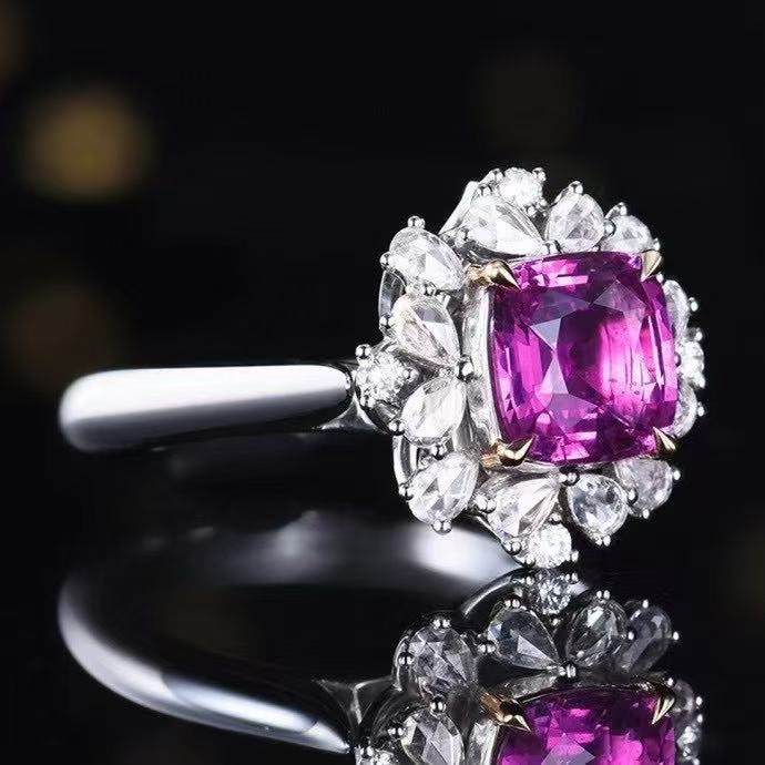 Unheated Purple Sapphire Ring 1.55 ct – 18K White Gold with Diamonds