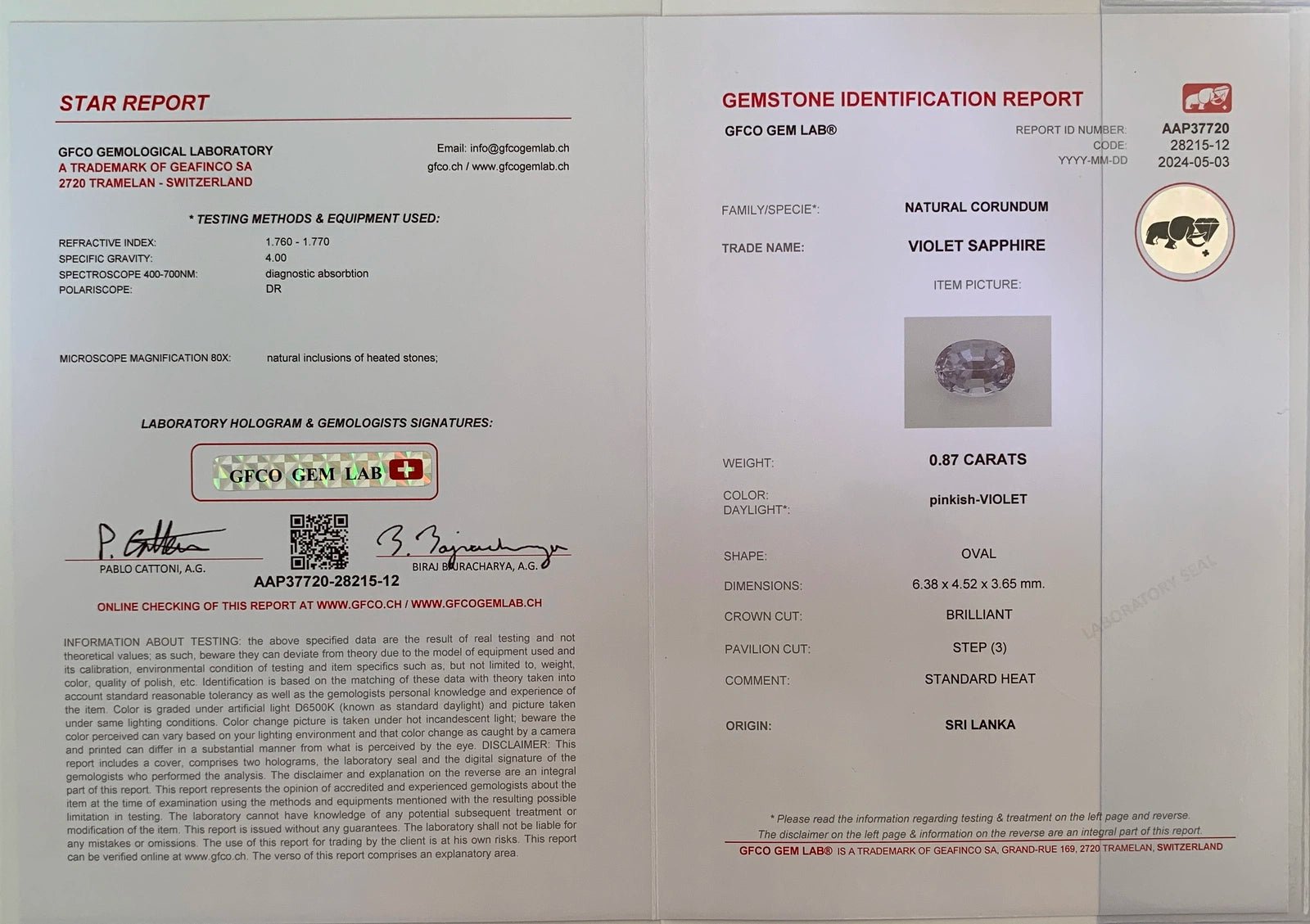 Violet Sapphire 0.87 ct – Pinkish Violet, Oval Cut, GFCO Certified