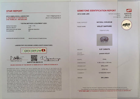 Violet Sapphire 0.87 ct – Pinkish Violet, Oval Cut, GFCO Certified