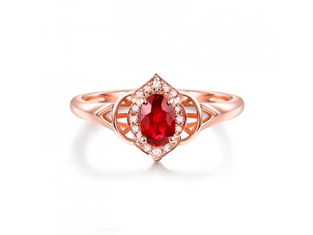0.49 ct heated natural ruby ring with natural diamonds in rose gold front view