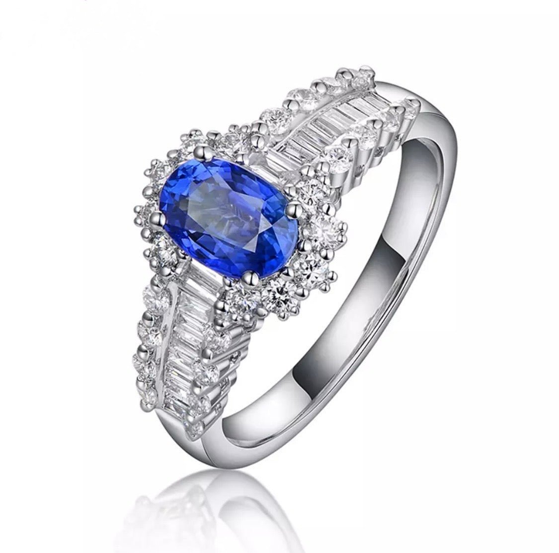 14K White Gold 1.10 ct Sapphire Ring with Natural Diamonds