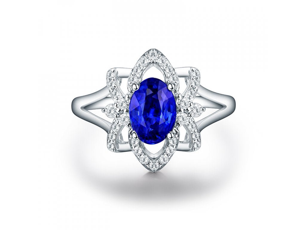 14Kt White Gold 0.83 ct Sapphire Ring with Natural Diamonds