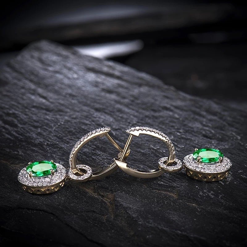 14Kt Yellow Gold 1.57 ct Emerald Earrings with Diamonds