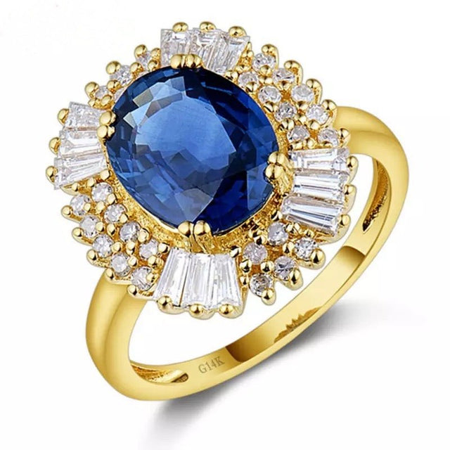 14Kt Yellow Gold 3.04 ct Blue Sapphire & Diamond Ring