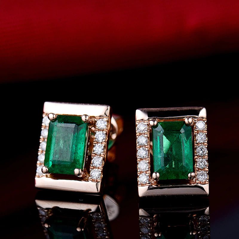18Kt Rose Gold 1.23ct Emerald Earrings with Diamonds