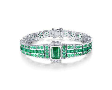 18Kt White Gold 10.82 ct Emerald Bracelet with Natural Diamond (Unisex)