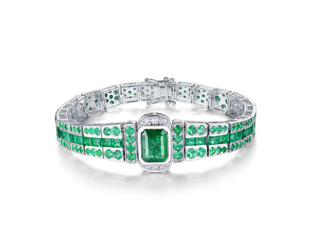 18Kt White Gold 10.82 ct Emerald Bracelet with Natural Diamond (Unisex)
