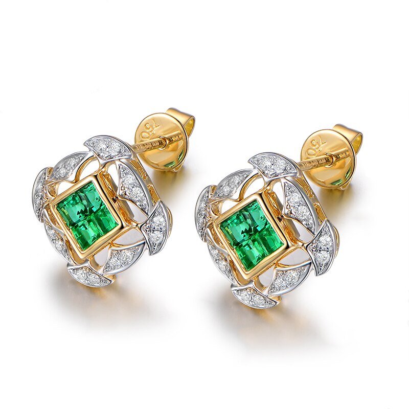 18Kt Yellow Gold Diamond 0.70 ct Emerald Stud Earrings