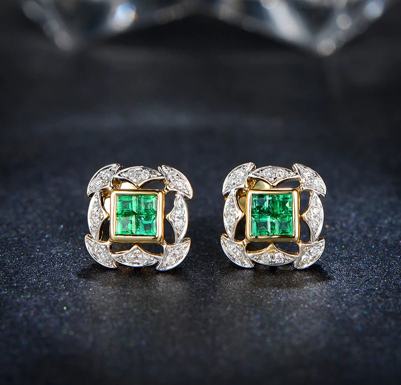 18Kt Yellow Gold Diamond 0.70 ct Emerald Stud Earrings