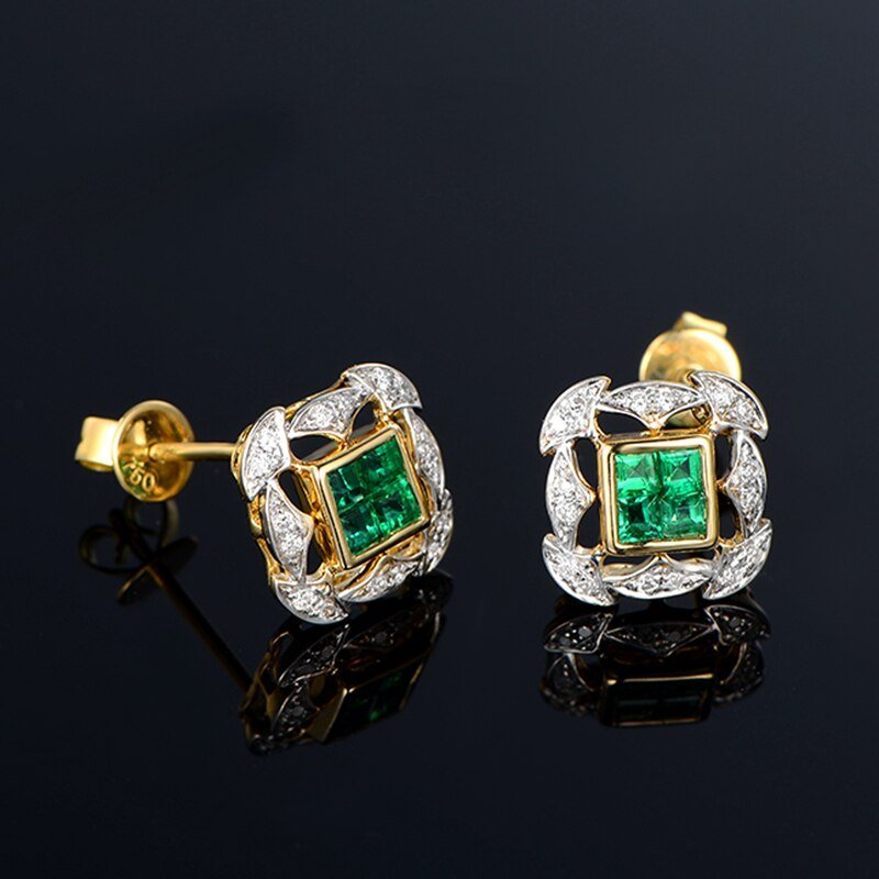 18Kt Yellow Gold Diamond 0.70 ct Emerald Stud Earrings