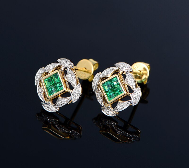 18Kt Yellow Gold Diamond 0.70 ct Emerald Stud Earrings