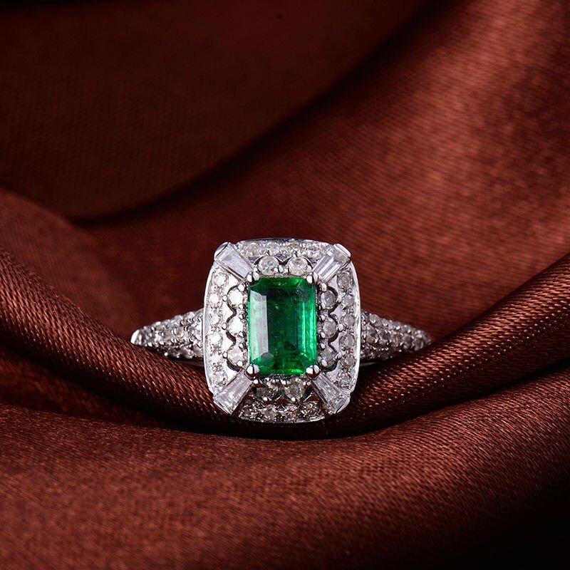 0.65 ct natural emerald diamond halo ring in white gold lifestyle view