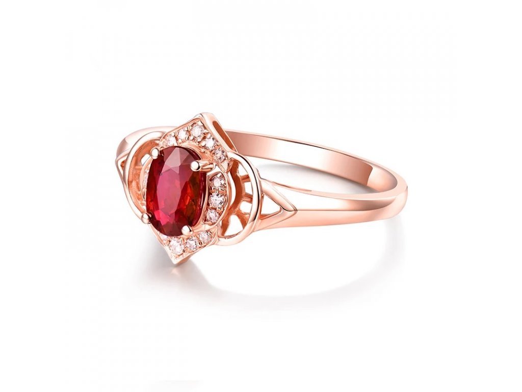 Natural oval ruby and diamond ring in 14K rose gold front angle view