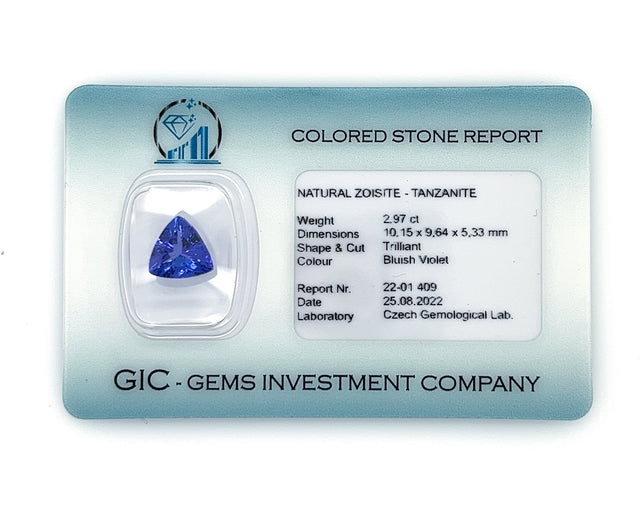Natural Tanzanite 2.97 ct – Trilliant Cut, Heated, ČGL Certified