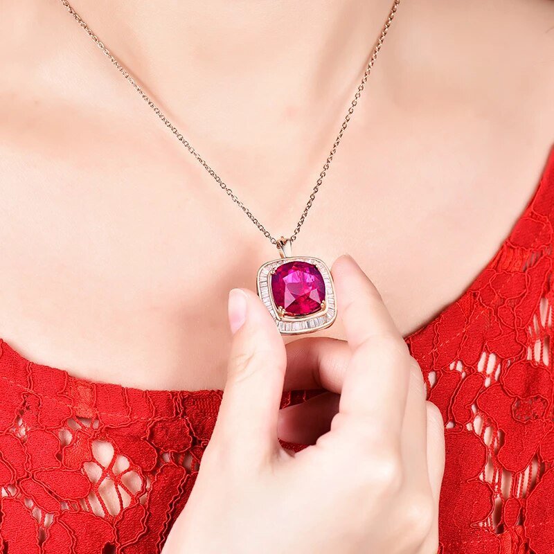 18K rose gold tourmaline diamond ring pendant with 6 carat emerald cut pink tourmaline and diamond halo