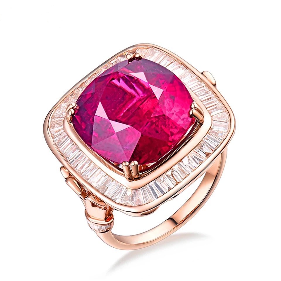 18K rose gold tourmaline diamond ring pendant with 6 carat emerald cut pink tourmaline and diamond halo
